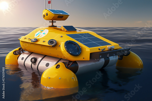 Solar powered autonomous marine robot, capable of collecting plastic pollution, future concept, environment, generative ai