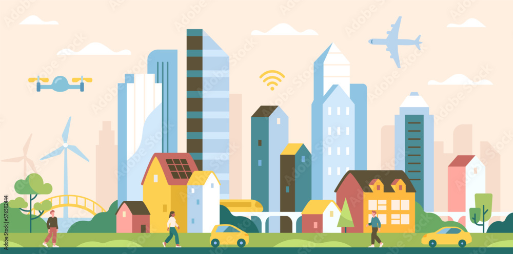 Landscape of smart modern city. Poster with houses, skyscrapers, people walking, drones, planes flying in sky, cars and green parks. Design element for banner. Cartoon flat vector illustration