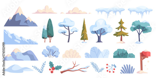 Winter landscape constructor set. Stickers with snowy hills or mountains, trees or branches with frost, frozen puddles. Environment in cold December. Cartoon flat vector collection isolated on white