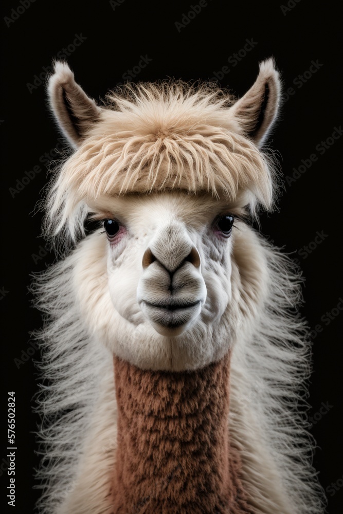 Fototapeta premium Closeup portrait of a white alpaca on an isolated black background illustrated using generative Ai