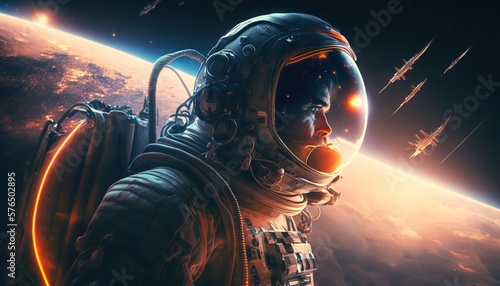 astronaut illustration in space with cosmic light effects created with generative ai technology 