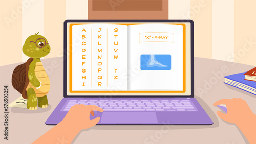 Learning English alphabet for kids. Turtle teacher or professor talks about letters and words on laptop screen. X is xray. Language dictionary for preschool children. Cartoon flat vector illustration