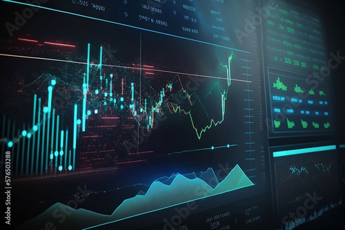 Cryptocurrency Technical Analysis Trading Candle Charts and Financial Graphs On A Digital Screen. Trading market and Economic Concept. Financial Crisis and Inflation. Modern AI Learning.