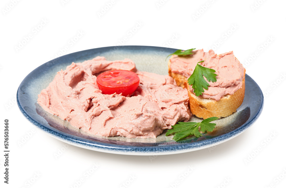 Plate with toasts and tasty pate on white background Plate with toasts and tasty pate on white background
