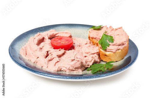 Plate with toasts and tasty pate on white background