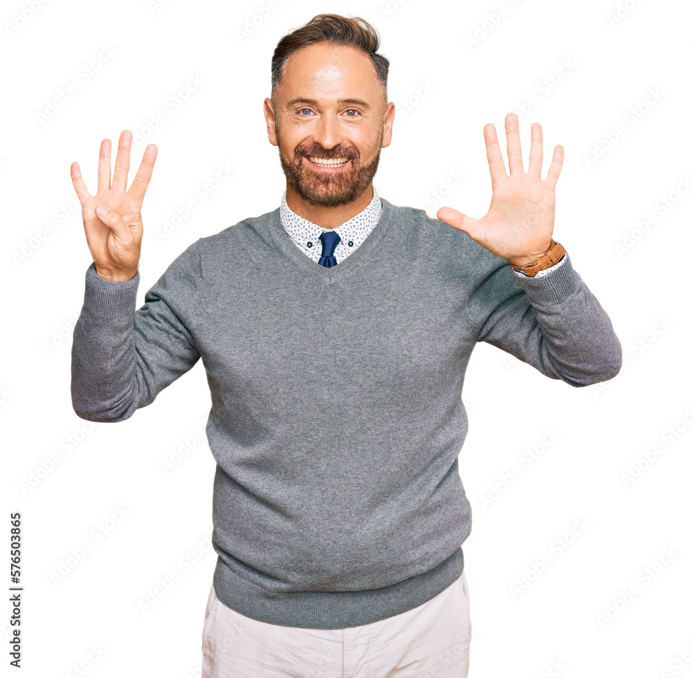 Handsome middle age man wearing business clothes showing and pointing up with fingers number nine while smiling confident and happy. Handsome middle age man wearing business clothes showing and pointing up with fingers number nine while smiling confident and happy.