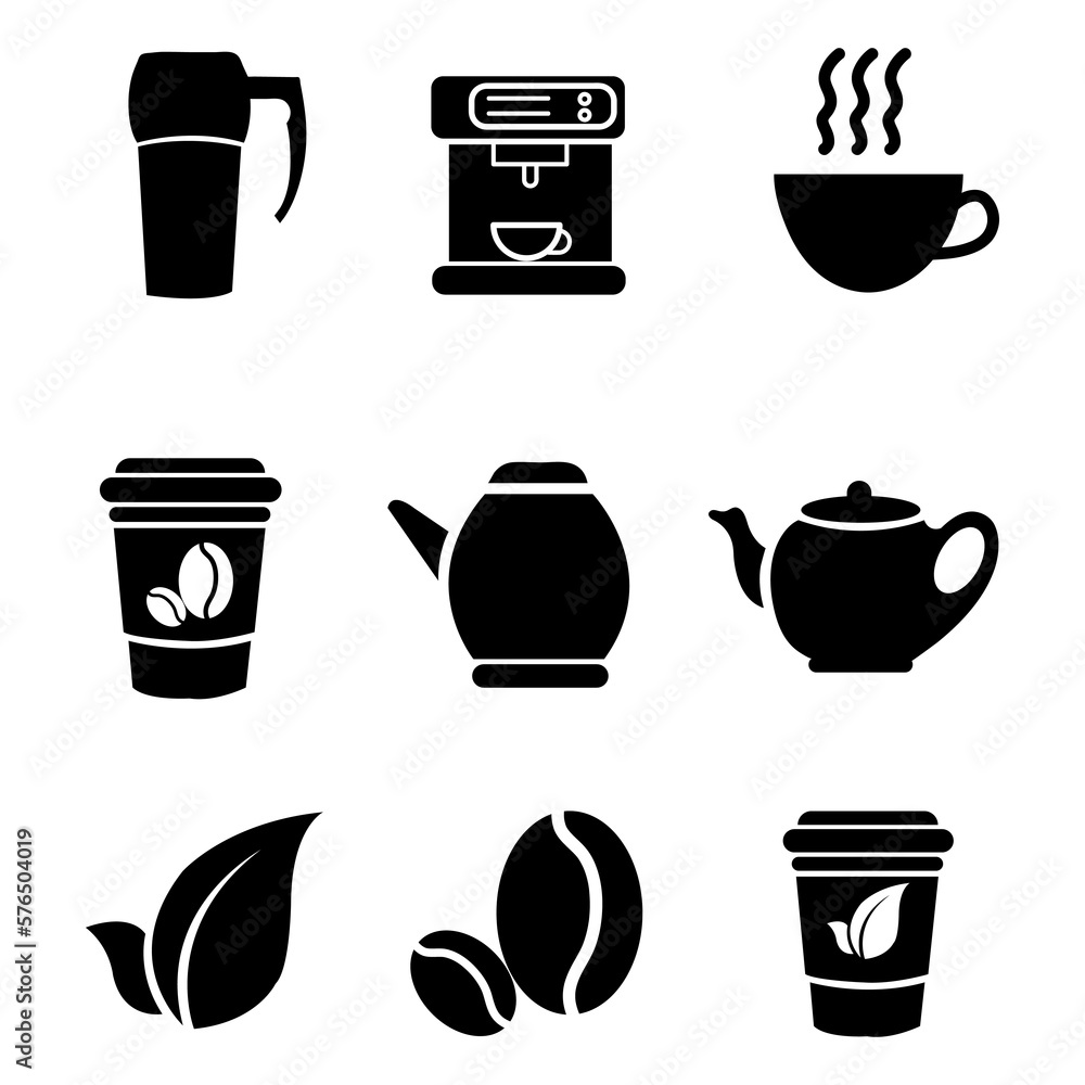 Obraz premium Coffee and tea icon set, vector illustration on white background..eps