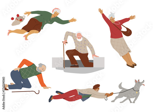 Falling old people set. Elderly male and female pensioners slip, stumble, fall and get hurt. Clumsy retired characters in pain from injury. Cartoon flat vector collection isolated on white background