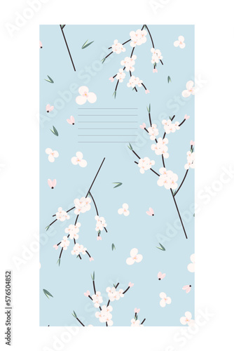 Design of the inside of a greeting card with markup for text on the background of a flowering branch