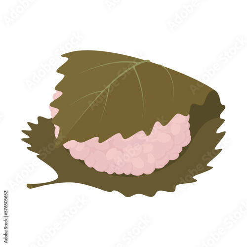 It is a vector illustration of Japanese sweets "Sakura Mochi". It is a pink rice cake with red bean paste wrapped in salted cherry leaves. 