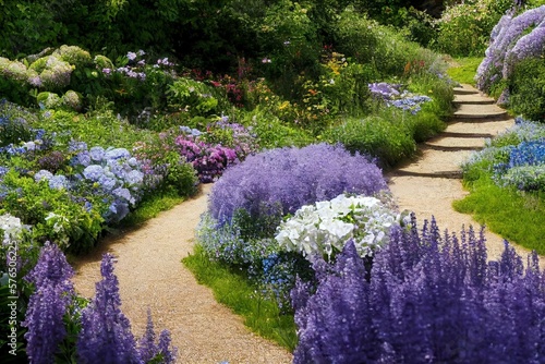 Fotobehang White and blue natural english cottage garden view with curvy pathway