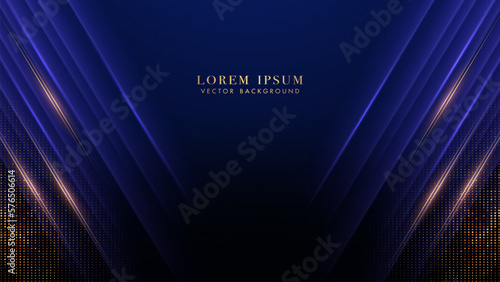 Blue luxury background with slant golden lines, light effect decoration. Elegant style vector design