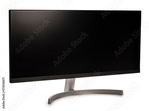 Ultrawide lcd monitor screen isolated on white background, Front view of television or computer screen on white background 