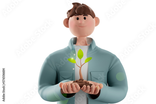 Man holding  yong plant . Concept of green energy saving, renewable and recycling. Ecology behavior for global warming. 3d illustration