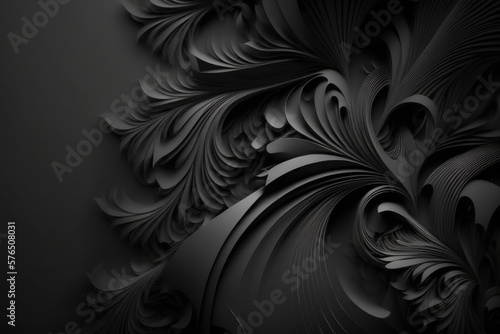 Black abstract background. Black ornate floral design with space for design. Generative AI.