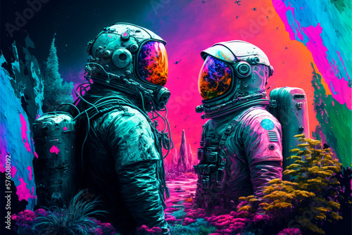 Astronauts in space, colorful galaxy planet. Pop art concept, Generative AI.