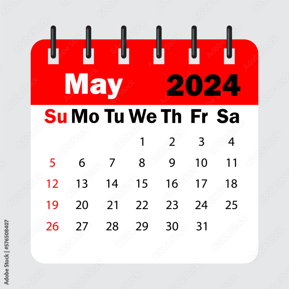 red calendar leaf spring. May 2024 calendar. Calendar sheet with days