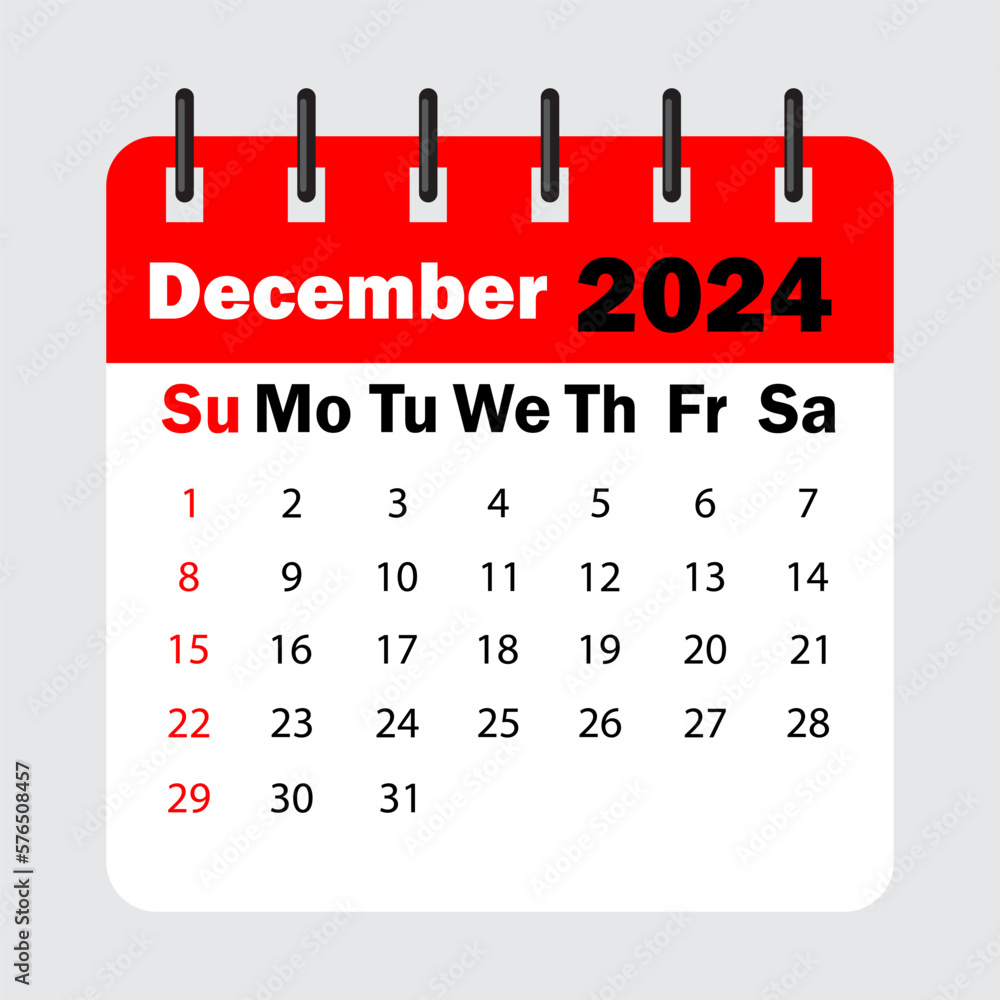 red calendar leaf spring. December 2024 calendar. Calendar sheet with