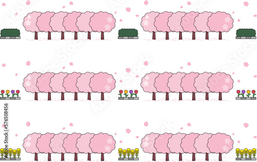 歩道の桜並木と春の花、生垣のセット2