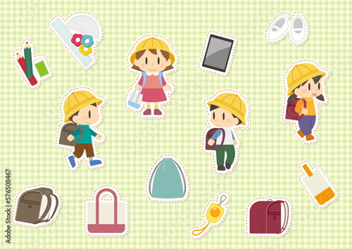 小学生男女と学校で使う道具のイラストセット　刺繍ワッペン風