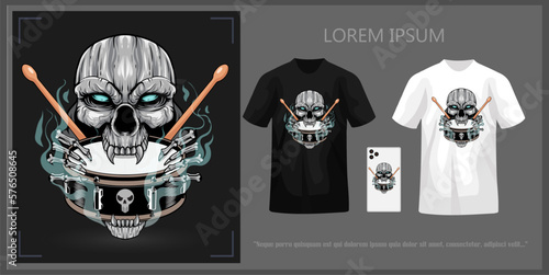 T-shirt design featuring a skull head biting a snare drum and sticks, complete with mockup.