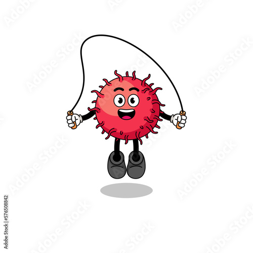 rambutan fruit mascot cartoon is playing skipping rope