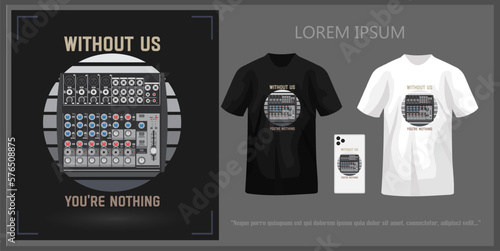 T-shirt design featuring music mixer, complete with mockup.