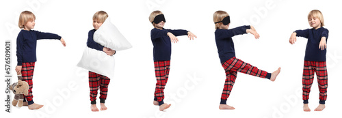Collage with photos of boy sleepwalking on white background photo
