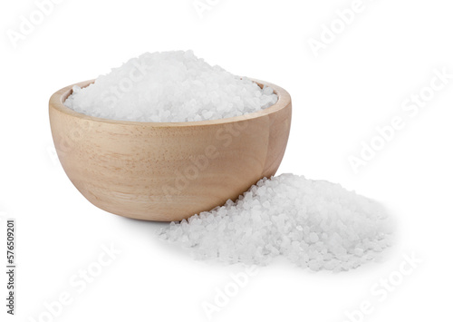 Wooden bowl and heap of natural sea salt isolated on white