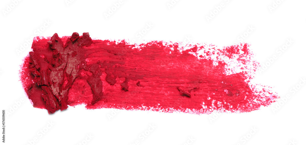 Smear of red lipstick on white background, top view