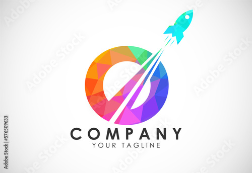 Polygonal alphabet O with a Rocket logo design. Rocket icon. Low poly graphic alphabet symbol