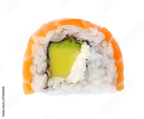 Delicious sushi roll with salmon isolated on white