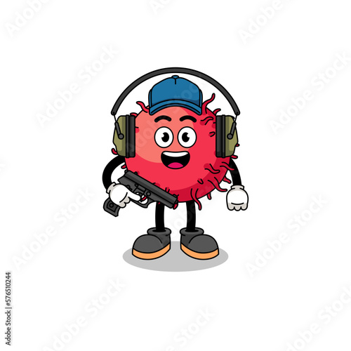 Character mascot of rambutan fruit doing shooting range