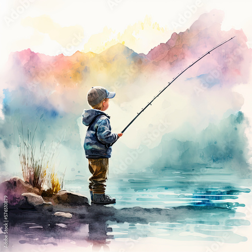 Colorful watercolor illustration of young boy with fishing pole at water created with Generative AI technology