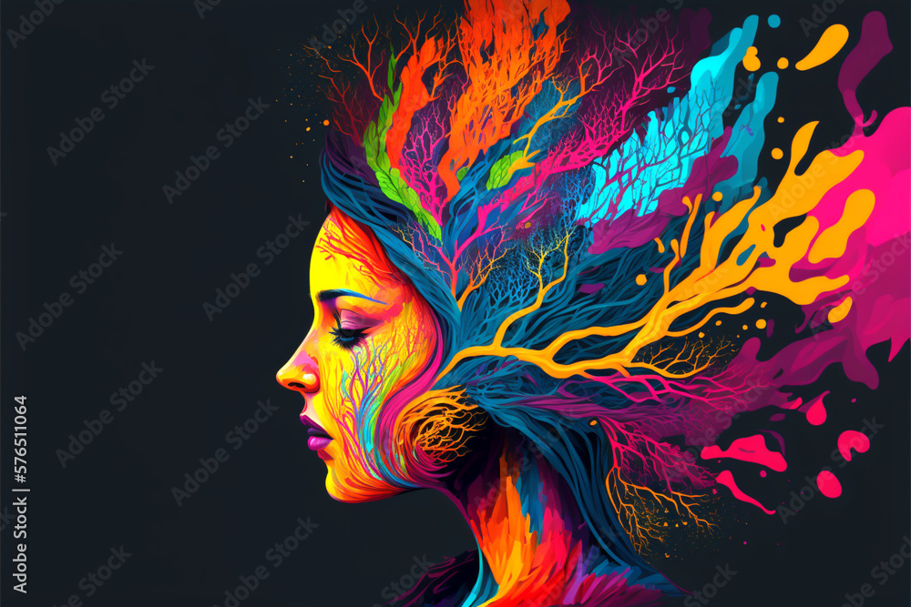 Woman meditating with colorful nature energy, fictional person, Generative AI	
