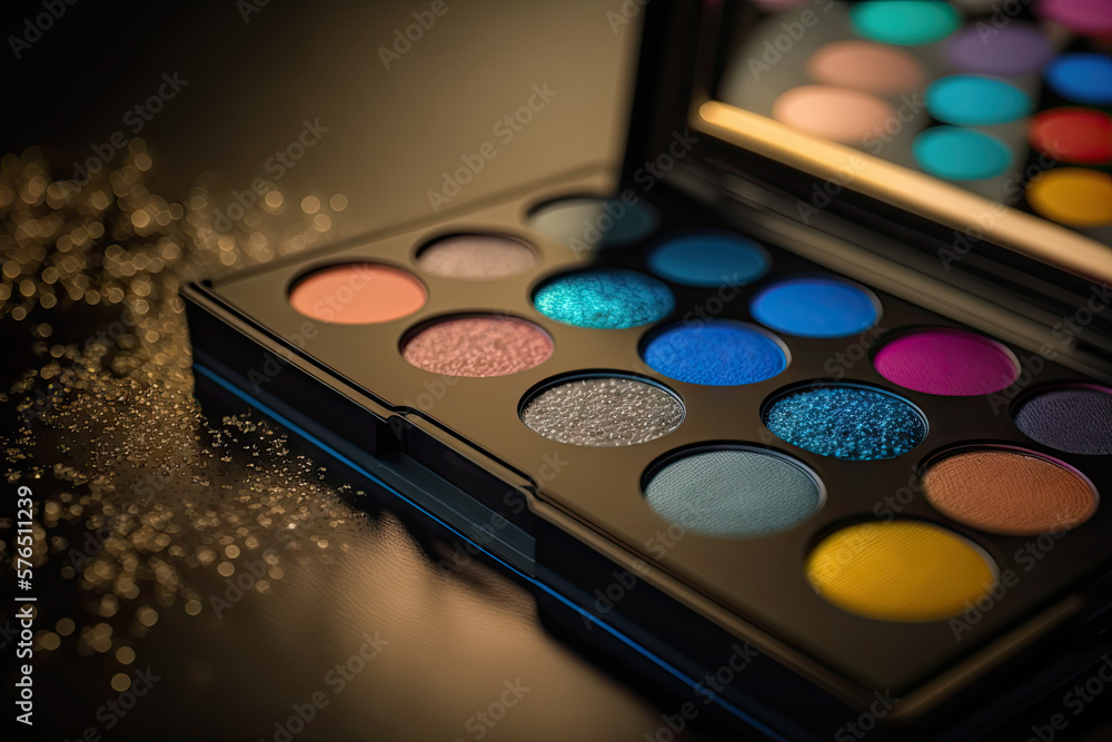 a beautiful and modern makeup palette with bright and colorful colors, on top of a modern counter with LEDs. a beautiful and modern makeup palette with bright and colorful colors, on top of a modern counter with LEDs.
