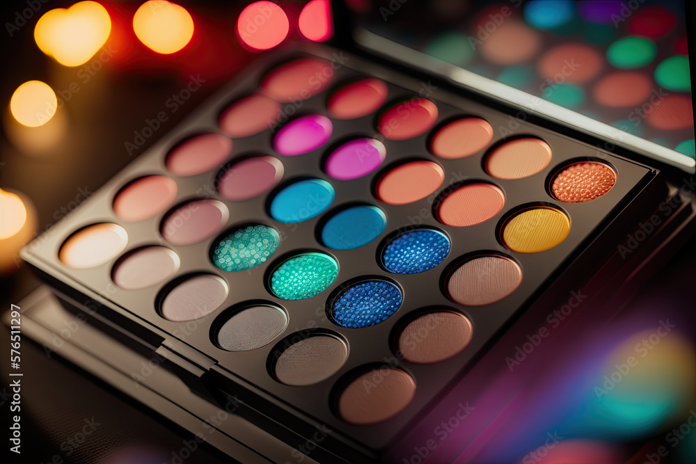 a beautiful and modern makeup palette with bright and colorful colors, on top of a modern counter with LEDs. a beautiful and modern makeup palette with bright and colorful colors, on top of a modern counter with LEDs.