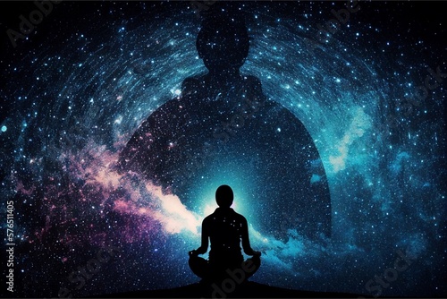 silhouette of a person meditating in front of the night sky generative ai