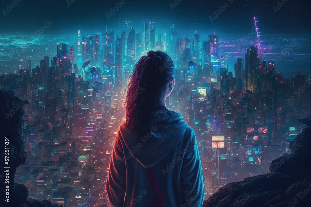 a women stands out over a every expanding, connected future world, Generative AI a women stands out over a every expanding, connected future world, Generative AI
