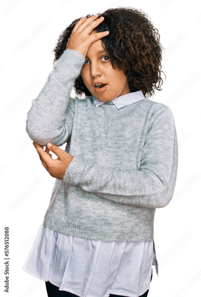 Young little girl with afro hair wearing casual clothes surprised with hand on head for mistake, remember error. forgot, bad memory concept. Young little girl with afro hair wearing casual clothes surprised with hand on head for mistake, remember error. forgot, bad memory concept.