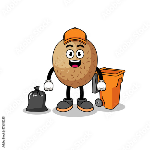Illustration of kiwifruit cartoon as a garbage collector