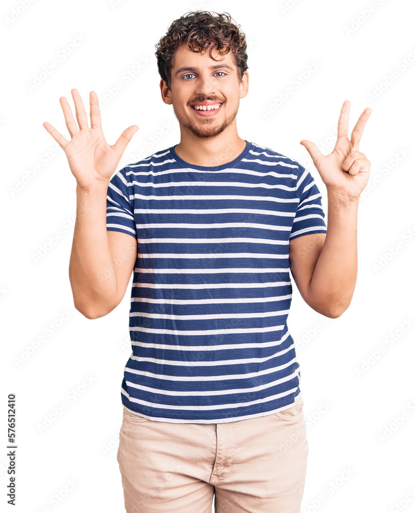 Young handsome man with curly hair wearing casual clothes showing and pointing up with fingers number eight while smiling confident and happy. Young handsome man with curly hair wearing casual clothes showing and pointing up with fingers number eight while smiling confident and happy.