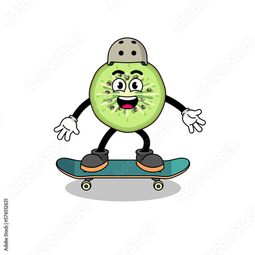 sliced kiwifruit mascot playing a skateboard