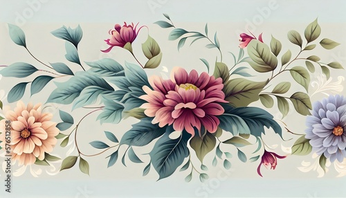 a repeating floral pattern with pastel-colored flowers and leaves on a light background. The flowers have delicate petals in shades of pink, blue, and yellow, with green leaves and stems. © icehawk33