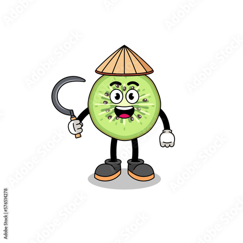 Illustration of sliced kiwifruit as an asian farmer