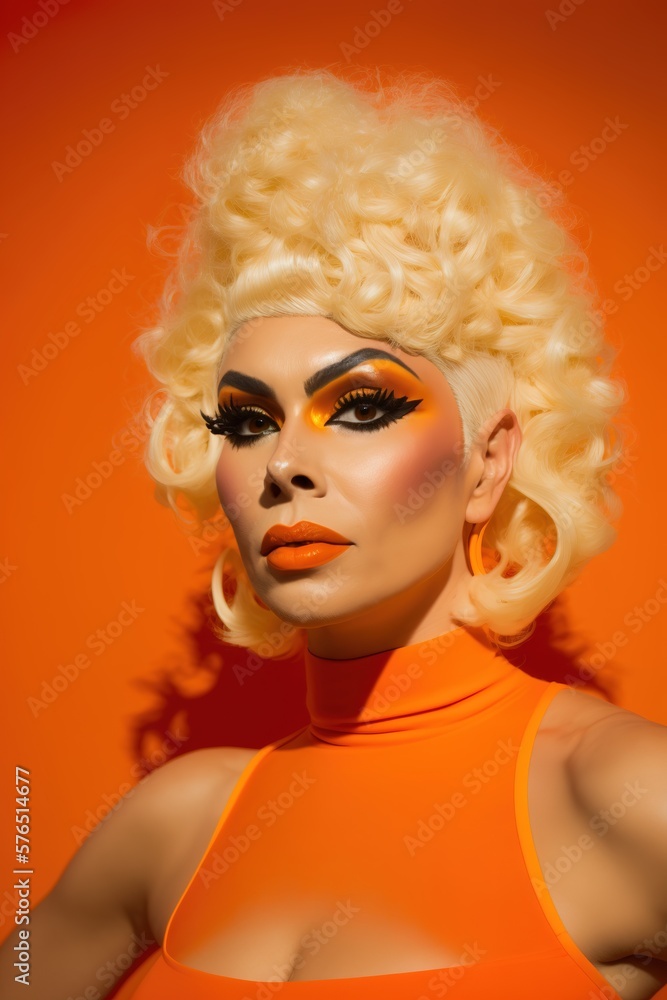 Dragqueen portrait over orange background. Vertical studio shot. Generative AI
