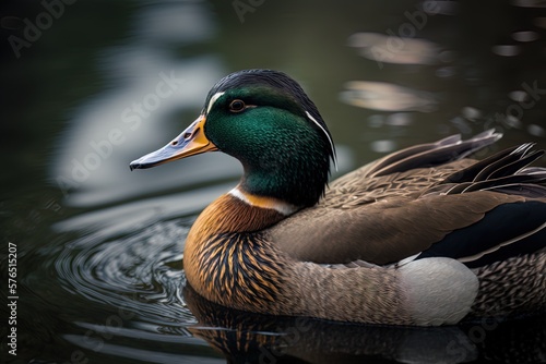 Photographie the mallard duck is in sharp focus as it waddles along the edge of the pond