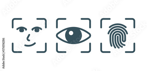 Biometric security of fingerprints, facial, iris. glyph style icon set. editable vector eps10
