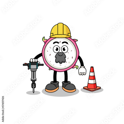 Character cartoon of dragon fruit working on road construction