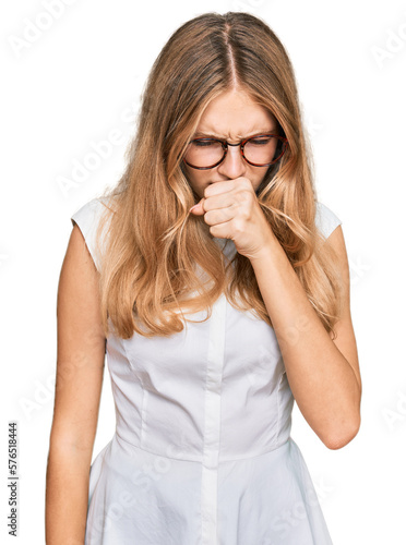 Beautiful young caucasian girl wearing casual clothes and glasses feeling unwell and coughing as symptom for cold or bronchitis. health care concept.